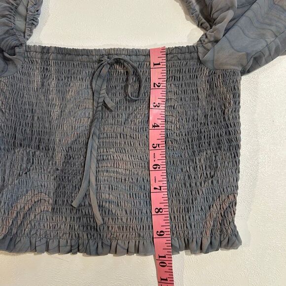Wilfred Aritzia Sheer Gray Smocked Puff Sleeve Crop Top Size S Romantic Eveningw - Picture 5 of 6